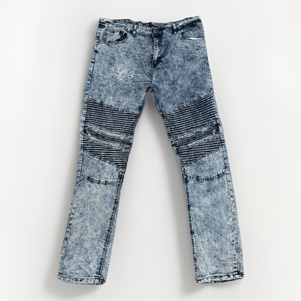 ROK Men's‎ Moto Jeans 38x32 Acid Wash Blue Ribbed Biker Slim Fit Denim